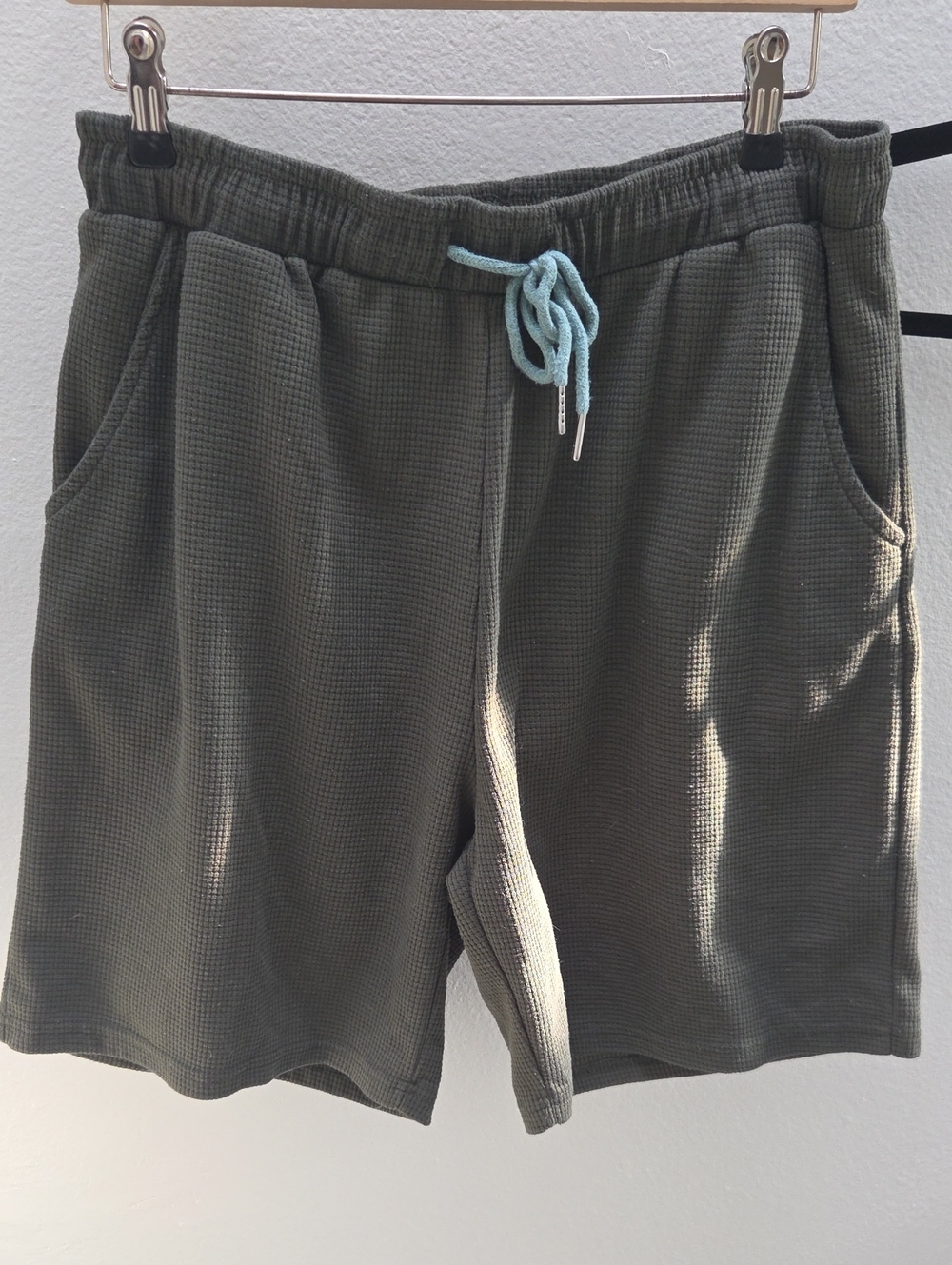 Waffle-Knit Olive Green Athletic Drawstring Shorts